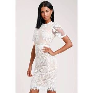 Lulus Kayleigh White And Nude Lace Short Sleeve Midi Dress - Size S